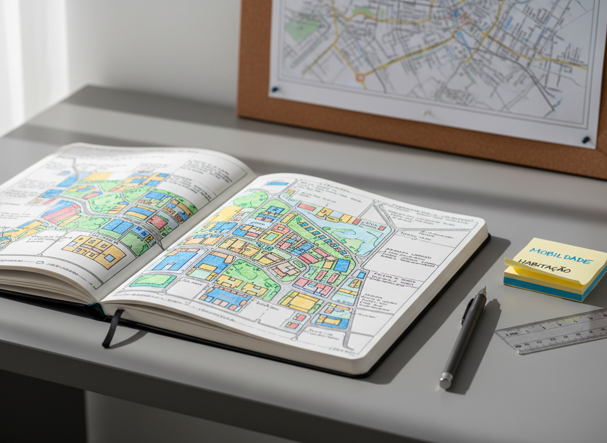 A large, detailed urban planning notebook opened flat on a clean concrete desk, its pages filled with neatly sketched city blocks, colored zoning areas, and precise annotations in Portuguese. Beside it, a graphite mechanical pencil, a transparent ruler, and a small stack of sticky notes with quick ideas about mobilidade and habitação. In the background, a blurred city grid map pinned to a corkboard. Soft, diffused daylight from a nearby window creates gentle shadows and a calm, contemplative atmosphere. Photographed from a slightly elevated angle, with a shallow depth of field that keeps the notebook in crisp focus. The mood is professional, reflective, and analytical, with photographic realism and a clean, modern aesthetic.