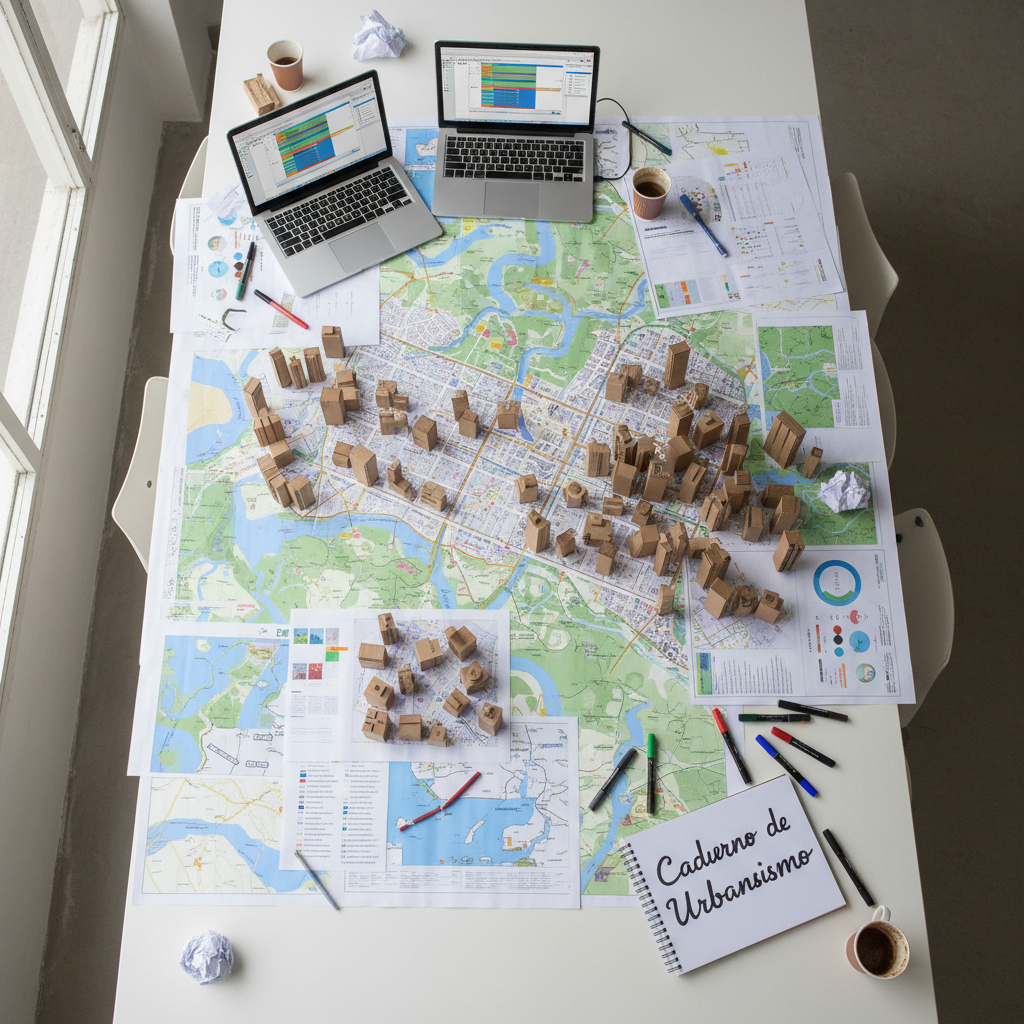 An overhead photographic view of a large white table covered with printed maps of an imaginary Latin American city, color-coded data visualizations, and small cardboard building models arranged into possible urban layouts. Colored markers, a laptop showing a GIS interface, and a notebook titled “Caderno de Urbanismo” add detail around the edges. Soft overcast window light washes evenly across the scene, minimizing harsh shadows and emphasizing the textures of paper and cardboard. The composition uses the rule of thirds, with the most complex cluster of models slightly off-center. The atmosphere feels collaborative and exploratory, yet no people are present, highlighting tools, ideas, and the process of learning about territory and data.
